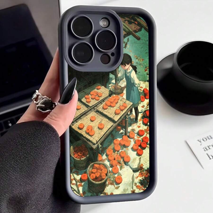 Cubierta de teléfono con borde negro diseño de niña vendiendo calabazas en mercado estilo anime para uso diario y viajes - Burdeos - Ver 1