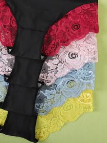 4pcs Women's Sexy Lace Trim Panties, Black Comfortable Lace Patchwork Underwear - Multicolor - View 4