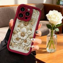 Cubierta de teléfono con bordado floral beige y dorado diseño elegante para mujer uso diario y ocasiones especiales - Blanco - Ver 4