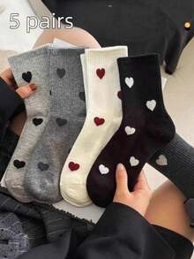 5 Pairs Women's Heart Pattern Mid-Calf Socks, Suitable For All Seasons, Random Colors - Multicolor - View 9