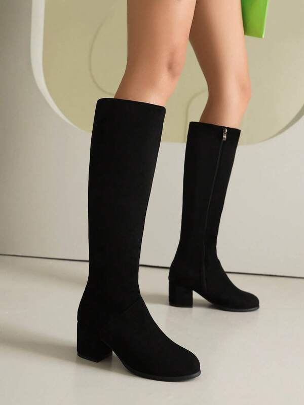 Botas altas cómodas de tacón ancho para mujer, botas de montar de cuero sintético PU de ajuste ceñido y caña alta, con cremallera lateral, de unicolor y versátiles para uso diario