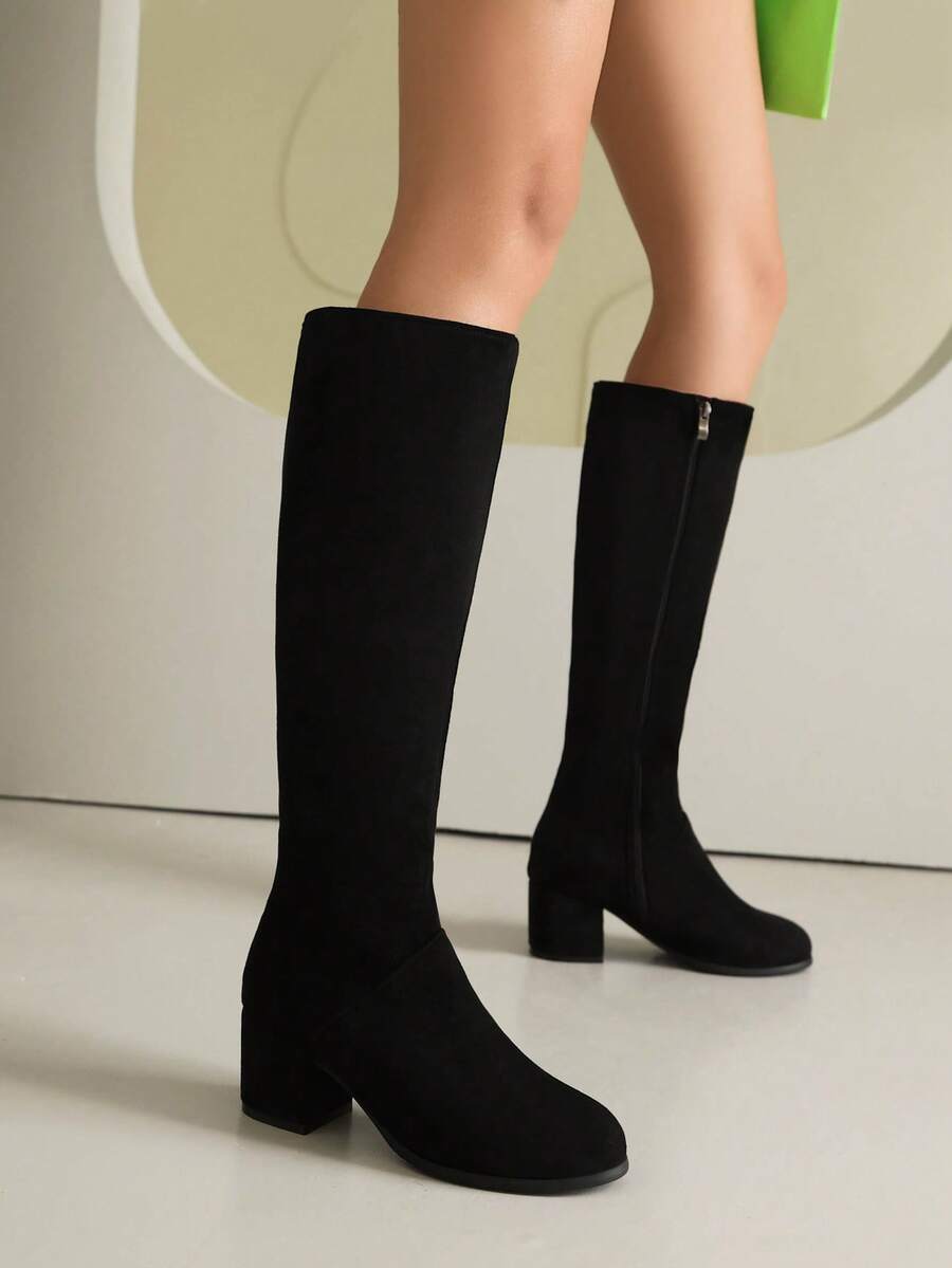 Women's Comfortable Chunky Heel Over-The-Knee Boots, PU Leather Tight Fitting High Shaft Casual Mid-Heel Riding Boots, Side Zipper Tall Boots, Solid Color Versatile Knee-High Boots For Commuting - Black - View 1