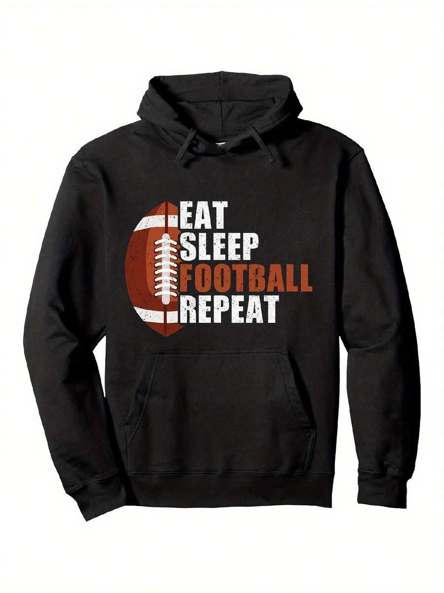 sweat-shirt à capuche Manger Dormir Répéter - sweat-shirt à capuche unisexe en mélange épais avec motif américain et poche kangourou, convient pour les jours de match et les tenues décontractées, vêtements de supporter de football unisexe, sweat confortable pour les passionnés de sports (noir avec blanc) - Noir - Voir 1