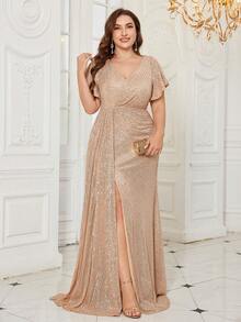 UNITHORSE Plus Size Elegant V-Neck Ruffle Sleeve Cinched Waist Sequin Embellished Pleated Evening Gown - Champagne - View 3