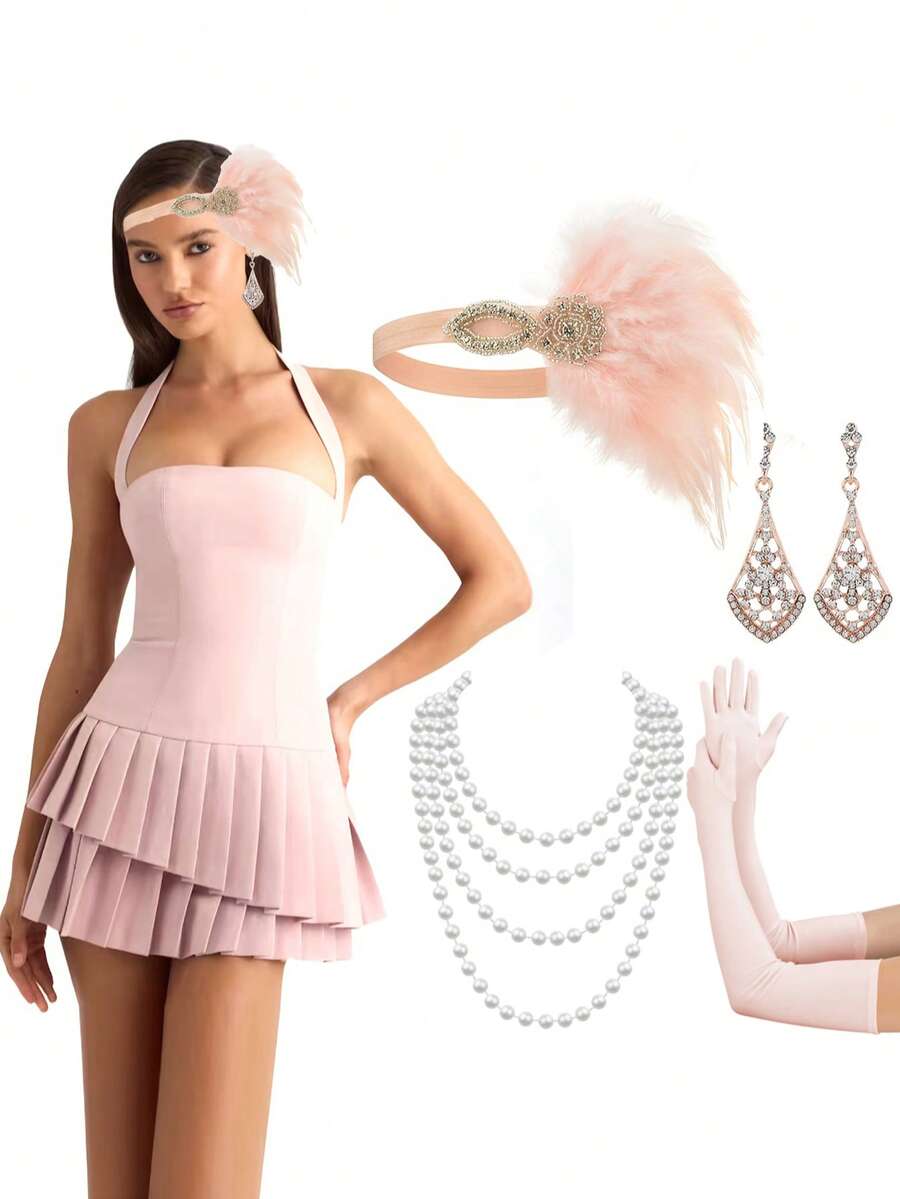 4件套D EXCEED 1920年代复古女郎配饰，适合女性，咆哮的二十年代派对配饰，复古女郎服装套装包括头饰、耳环、手套、项链 - 彩色 - 查看 1