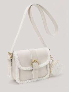 2件套复古米色迷你单肩包和毛绒钱包套装，新款毛绒零钱包斜挎包，女士款 - 白色 - 查看 10