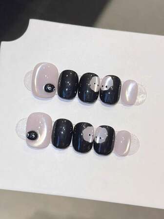 10pcs Pure Handmade Press On Nails Short Nails Black Nails Oval Nails Cute Cartoon Sweet And Cool Black And White Contrast Cat-Eye Fine Shimmer 3d Little Coal Ball Minimalist Personalized Press-On Nails For Women And Girl,Spring Summer Fall Winter Festivals Halloween Party And Dailys Life Use