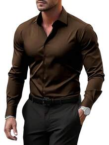 Men's Wrinkle Dress Shirts Formal Long Sleeve Button Down Wedding Business, Style - Brown - View 12