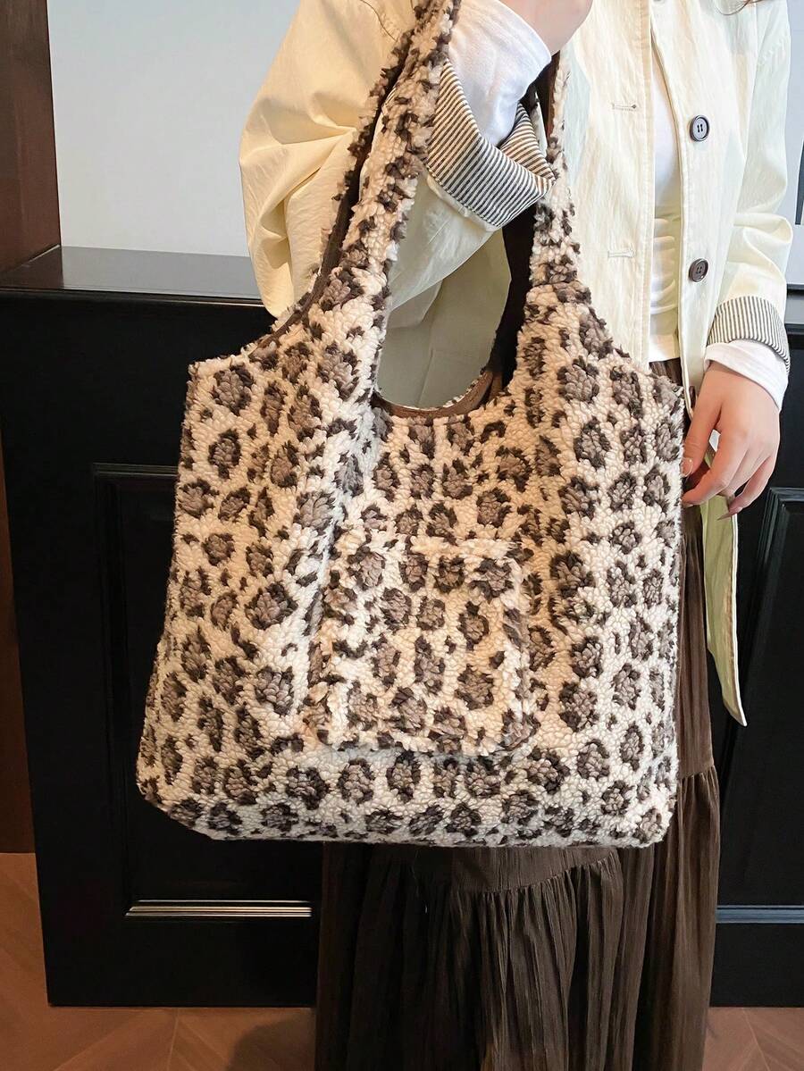 2025 Pluszowa, jesienno-zimowa, nowa, futrzana torba, dopasowana torba z nadrukiem w panterkę o dużej pojemności, modna torba na ramię, damska torba do pracy - Beżowy - Zobacz 1