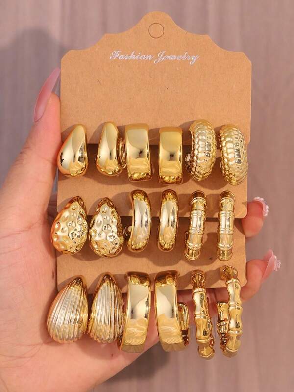 Set de 6/18 piezas de pendientes de aro de acrílico con tono dorado vintage, diseño de nicho, pendientes ligeros de lujo en set de 3 piezas