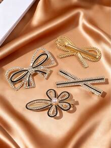 4个复古蝴蝶水钻花朵发夹，混色，时尚发饰，适合女孩，秋冬季 - 黑與白 - 查看 8