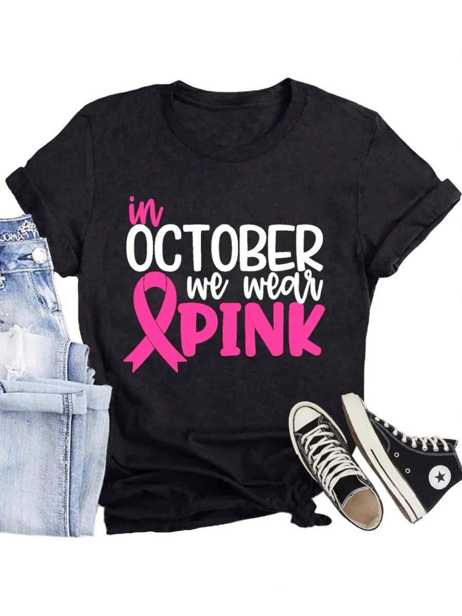 Breast Cancer Shirt For Women Pink Ribbon T-Shirt In October We Wear Pink Tee Cancer Awareness Tops - Black 1 - View 1