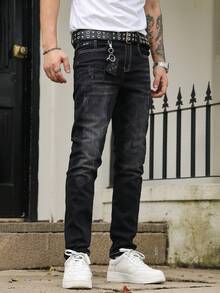 Men's Cat Scratch Textured Elastic Slim Fit Straight Leg Jeans, Loose Fit Long Style, Horseshoe Wash, Retro Blue, Y2K Style, Suitable For Casual Outings With Friends - Black - View 7