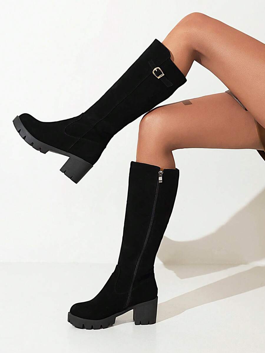 Women's Fashion Black Suede Boots, Solid Color Casual Over-The-Knee Boots, Comfortable Mid-Calf Boots, Retro Riding Boots, Thick-Soled Tall Boots, Chunky Heel Leather Boots, Versatile Mid-Heel Women Boots, Belt Buckle Decor, Tight-Fitting Side Zipper Leather Boots, Block Heel Women Shoes - Black - View 1
