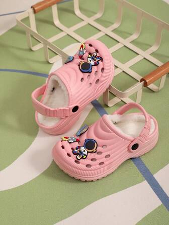 Casual Daily Astronaut Cartoon Flat Bottom Children's Hole Slippers, Comfortable, Fashionable, Warm, Home, Outdoor, Autumn And Winter Shoes