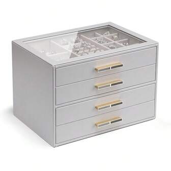 Vlando 4 Layer Jewelry Box For Women Glass Lid Jewelry Organizer With 4 Drawers For Necklaces Rings Earrings Bracelets Grey