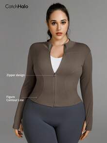 Plus Size Slim Fit Lightweight Yoga Jacket With Thumb Holes And Funnel Neck, Suitable For Gym, Running, Cycling And Everyday Wear