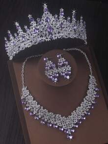 Luxury Bridal Queen Crown Headpiece Necklace Set, Baroque Style New Bride Tiara, Necklace And Earrings 3 Pieces Set