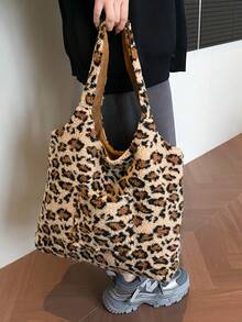 2025 Pluszowa, jesienno-zimowa, nowa, futrzana torba, dopasowana torba z nadrukiem w panterkę o dużej pojemności, modna torba na ramię, damska torba do pracy - Kolor khaki - Zobacz 2