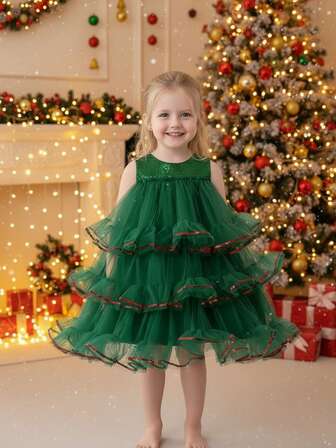 Christmas Girls Sleeveless Sequin Tutu Dress, Stylish Flower Girl Dress For Children Holiday Performance Evening Gown