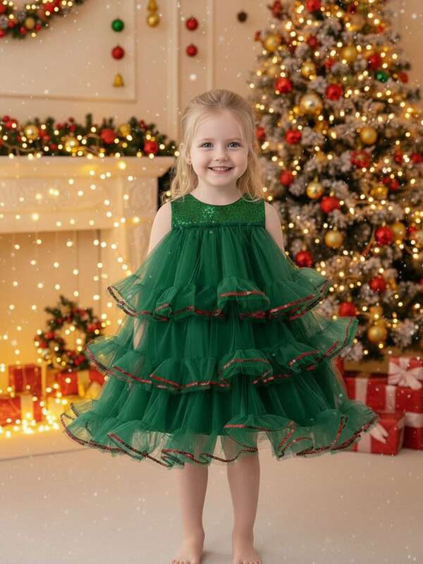 Vestito da bambina senza maniche con paillettes e tulle, abito elegante da damigella d'onore per bambini per occasioni festive e spettacoli serali