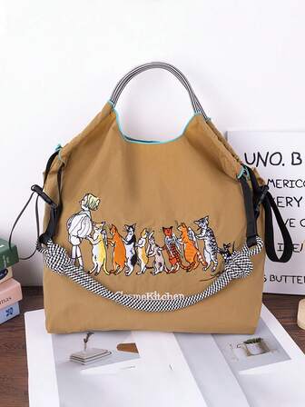 1个新款休闲刺绣可爱排队猫图案尼龙大容量可折叠购物袋，配有可调节肩带，适合通勤、聚会、手提袋