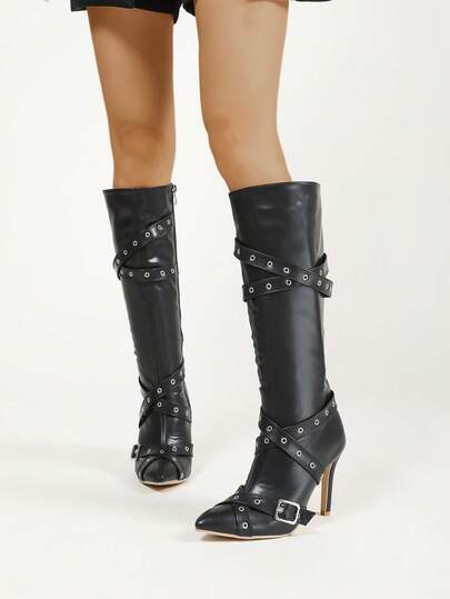 Women's Retro Gothic Pointed Toe Stiletto High Heel Tall Boots, Buckle Criss-Cross Strap Decor Side Zipper Design, Thermal Lined Warm Riding Boots, Fashion Versatile Elongating Slimming, Suitable For Commuting, Dating, Party, Street Wear