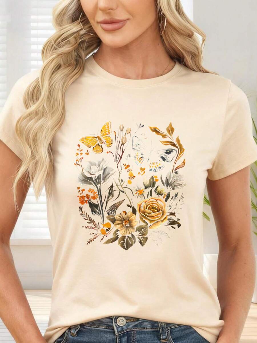 Camiseta de con Estampado de Mariposas y Flores para Otoño y Primavera - Albaricoque - Ver 1