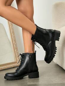 Sepatu bot ankle suede serbaguna untuk wanita, hak tinggi tebal cocok untuk bepergian, pesta, kencan, musim gugur/musim dingin. - Hitam - View 4