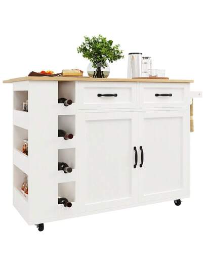 Kitchen Isl Serving Cart Countertop, Cabinet, Trolley, Food Four Doors Two Drawers, Wood Finish view 9