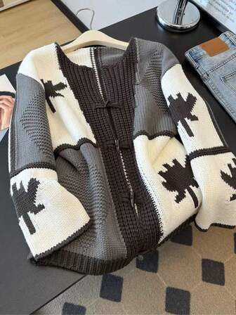 女士复古优雅牛角扣开衫，时尚休闲宽松针织毛衣外套，秋冬款