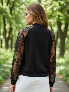 Women  Baseball Jacket Patchwork Lace Long Sleeve Zip-Up Bomber Coat For Winter Fall