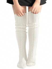 1 Pair Of Women's Over-The-Knee High Socks, Over-The-Knee Knitted Boots And Socks, Warm And Fashionable Warm Leg Covers For Winter, Solid Color Over-The-Knee Knitted Striped And Twisted Pattern Socks, Christmas Clothing, Warm Accessories, Cozy Socks - Multicolor - View 16