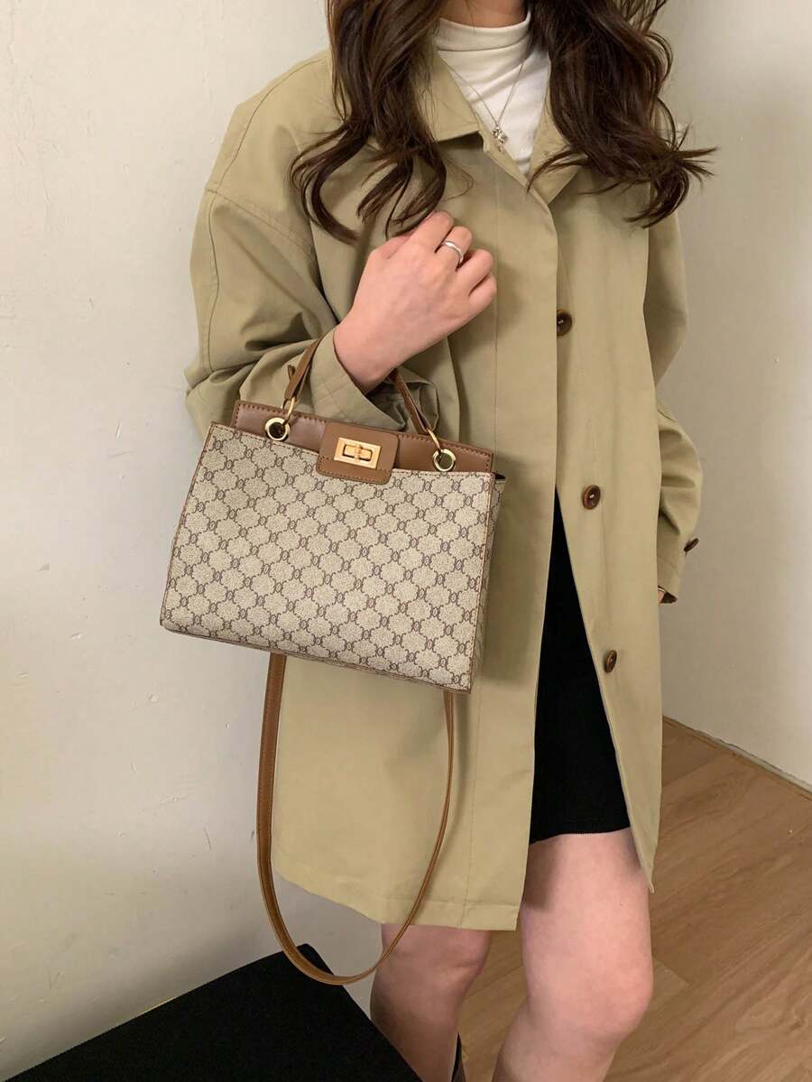 Women's Vintage Monogram Print Tote Bag - Dual-Use Top-Handle & Crossbody Bag For Autumn Winter Women's Bag, Vintage Monogram Print, Tote Bag, Crossbody Bag, Top-Handle Bag, Autumn Winter Bag, English Style Bag, Fashion Handbag, Leather-Trimmed Bag, Designer-Inspired Bag