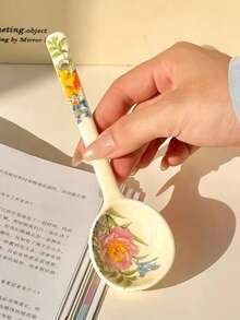 Vintage Floral Ceramic Spoon, Household Soup Spoon, Japanese Style Dessert Spoon, High-Quality Rice Spoon, Personal Long Handle Spoon
