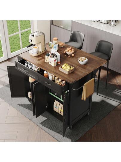 Kitchen Isl Serving Cart Countertop, Cabinet, Trolley, Food Four Doors Two Drawers, Wood Finish