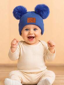 1 Stück Baby Griechisches Buchstaben Muster Gestrickte Mütze mit weichen Bommel, bequem & warm, geeignet für 1-3 Jahre alte Babys im Herbst/Winter - Graublau - Übersicht 2