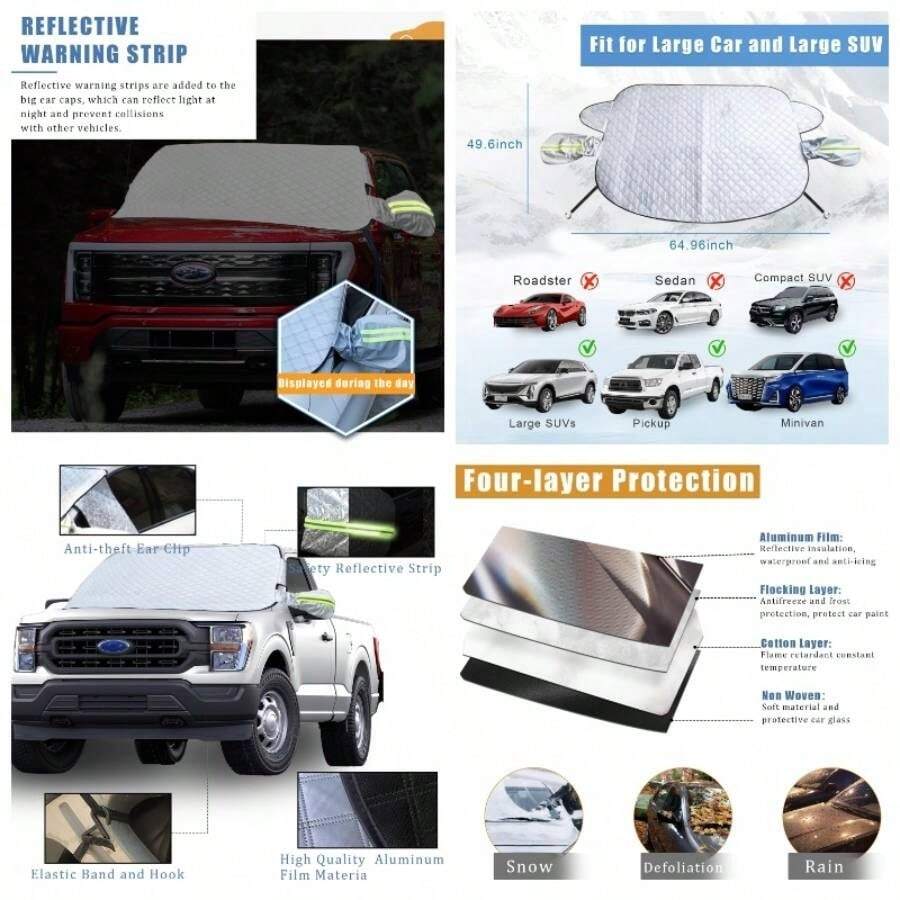 Car Windshield Snow Cover With Side Mirror And Hook, Magnetic Windshield Cover And Snow, Car Windshield Shade Foldable, Fit Large SedanLarge SUVPickupTruckMPV65x49