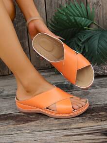 2024 Plus Size Hollow Flower Strap Flat Sandals For Women, Casual Retro Middle-Aged Slippers, Wholesale - Orange - View 5