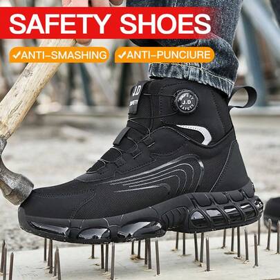 2025 New Black High-Top Mesh Rotary Button Unisex Casual Steel Toe Outdoor Running Shoes, Sports Shoes, Plus Size