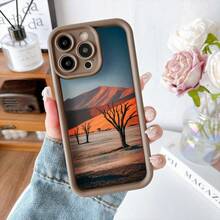 Cubierta de teléfono con borde negro diseño de paisaje desértico con árboles secos y montañas al atardecer para uso diario y viajes - Negro - Ver 5