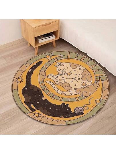 1pc Bohemian Sun Moon Cat Round Rug, Vintage Astrology Carpet, ative Bedroom Small Home Living Room Outdoor Washable Plush Fuzzy Thick/Fluffy