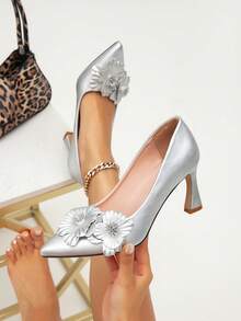 Women's Silver High Heels, Fashion Pointed Toe Stilettos, Elegant Solid Color Pumps, Formal Party Dress Shoes - Silver - View 6