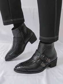 Men's Chunky Heel Boots With Double Buckle Design, Retro Formal Boots, Black Versatile Motorcycle Boots, Couple Style Suitable For Party, Banquet, Ball - Black - View 4