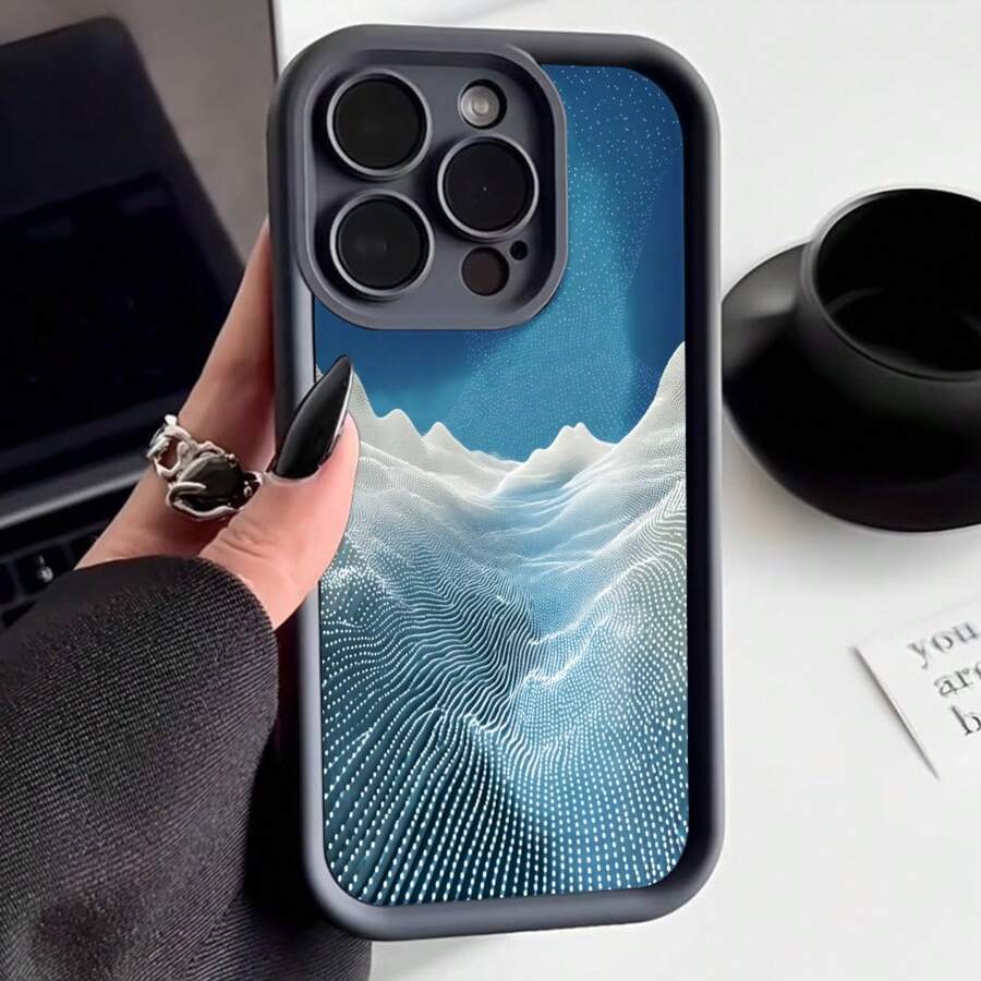 Cubierta de teléfono con diseño de montaña nevada azul para iPhone 15 Pro Max funda protectora con patrón de puntos y ondas estilo minimalista ideal para uso diario y viajes - Burdeos - Ver 1