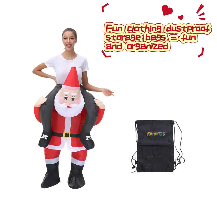 1 Set New Christmas Santa Claus Plush Cute & Funny Pink Cheek Hunchback Riding Santa Claus Costume Half-Body Outfit With Inflatable Doll Clothes, Plus Printed Letter Drawstring Dust Bag, Perfect Christmas Prop For Family Interaction, Photo Shooting, Stage Performance, All Seasons - 紅色 - 查看 1