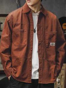 Men's Solid Color Casual Button-Up Shirt, Loose Fit Cargo Style Style, Versatile For Office And Daily Wear, For Fall