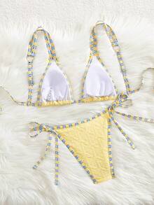 Conjunto de biquíni feminino sexy e moderno com laço nas costas, estilo europeu e americano, para praia no verão. - Amarelo - Ver 2