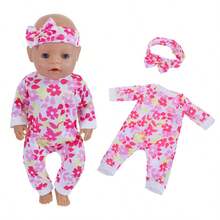 5件套娃娃连体衣套装，含发带（不含娃娃），适合17-18英寸娃娃，碎花图案，带蝴蝶结头饰，是送给孩子们的最佳圣诞礼物