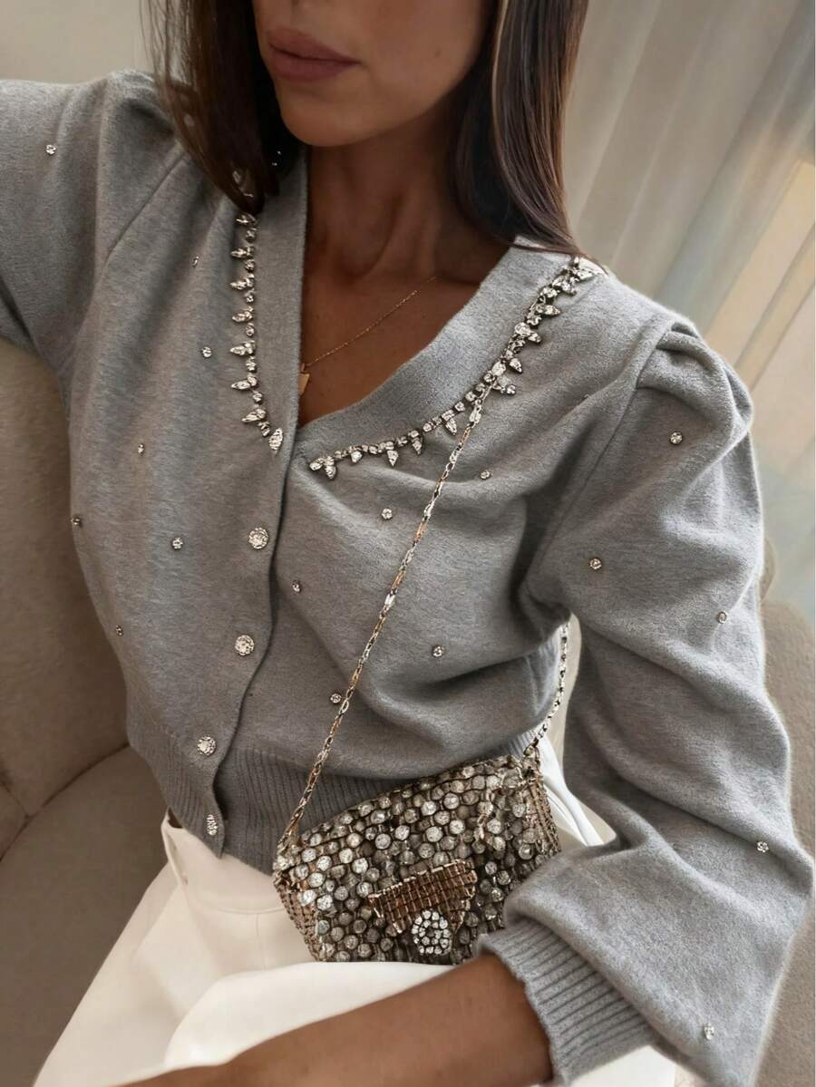 Áo khoác cardigan dài tay cổ chữ V màu xám thanh lịch, cao cấp dành cho nữ, cài cúc phía trước, đính đá, chất liệu dệt kim gân, thoải mái, thích hợp cho mùa thu/đông, đi chơi, tiệc tùng, hẹn hò, dạo phố, đi học, nghỉ dưỡng, Giáng sinh và năm mới. - Xám - Xem 1